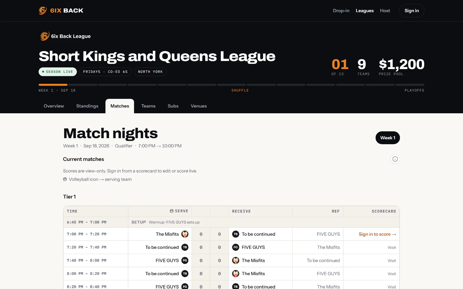 The match nights schedule for week one, broken into tiers. Each row gives a twenty-minute slot, the serving and receiving teams, the running set score, which team referees, and a scorecard link that requires signing in to score live.